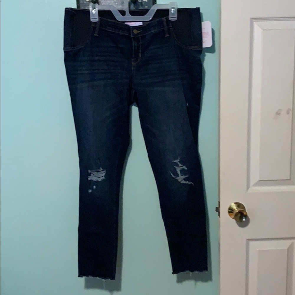 Maternity Side Panel Distressed Jeggings - Dk Blue